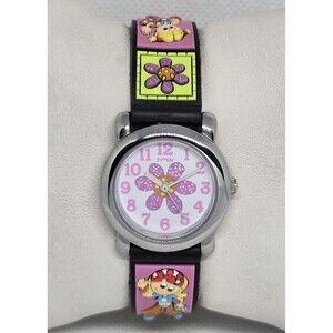 Kids Timex TMX K7 Round Flower Pink Purple Dial Silvertone 3D Poly Band Watch 07